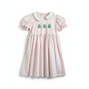 Stellybelly Girls Christmas Tree Embroidered Dress Size 7 Pink White Stripes